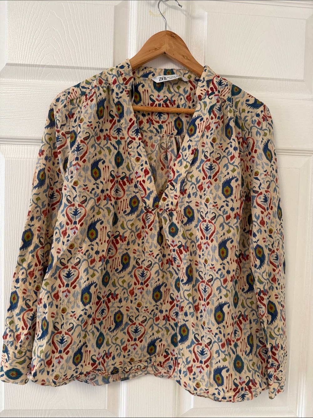 Zara Cream Blouse with Multicolor Ikat Print
